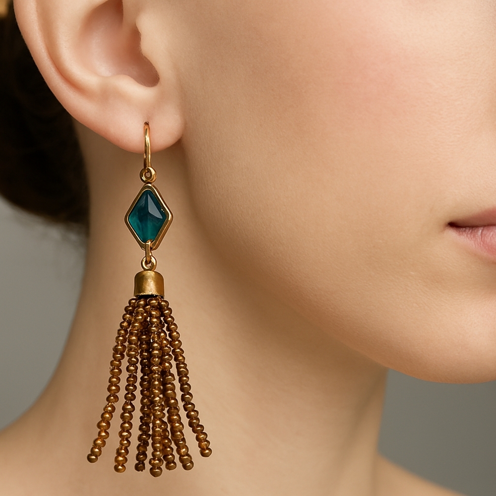 Boho Women’s Earrings – Old Gold-Tone Fringed Drop with Brown Beads & Blue Stone